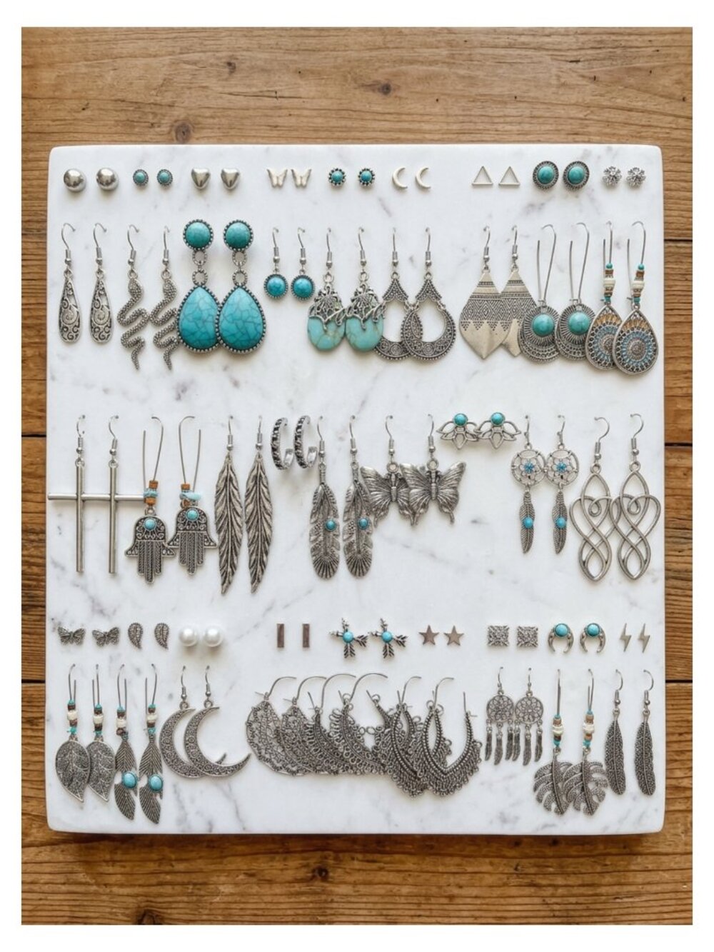 45 Pairs Boho Silver Turquoise Drop Dangle Earrings Set Zinc Alloy French Wire